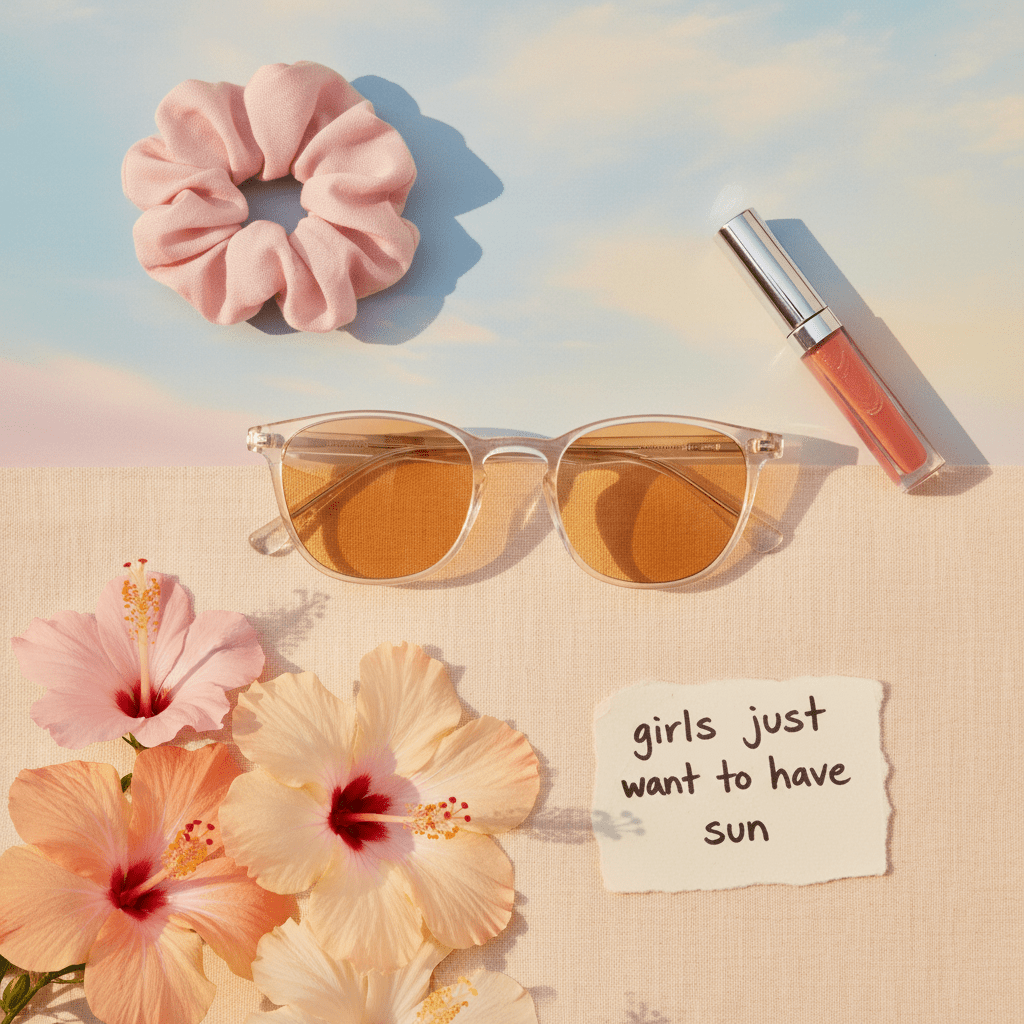 DreamWalkerz Cloudwalkerz Clear as Day glasses on a pastel flat lay with hibiscus flowers: girls just want to have sun
