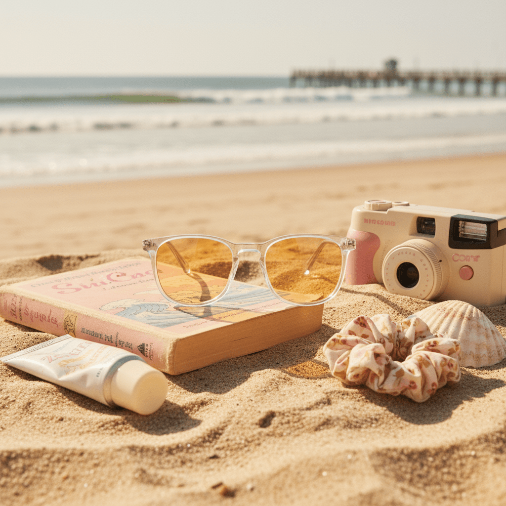 DreamWalkerz Cloudwalkerz Clear as Day glasses on a beach with a book, camera, sunscreen and shells