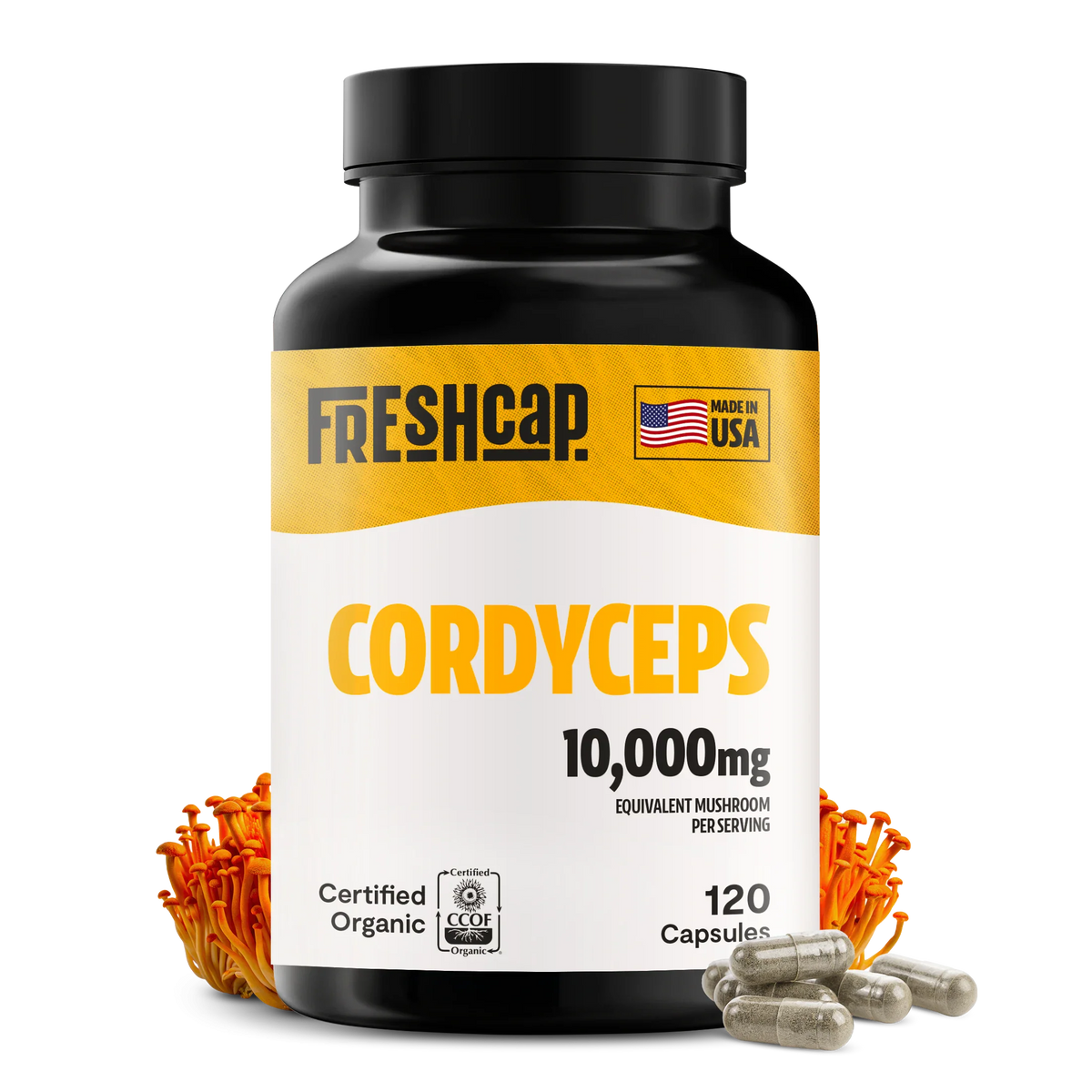 FreshCap Mushrooms Cordyceps Capsules bottle on white, 10,000mg, USDA organic, 120 capsules