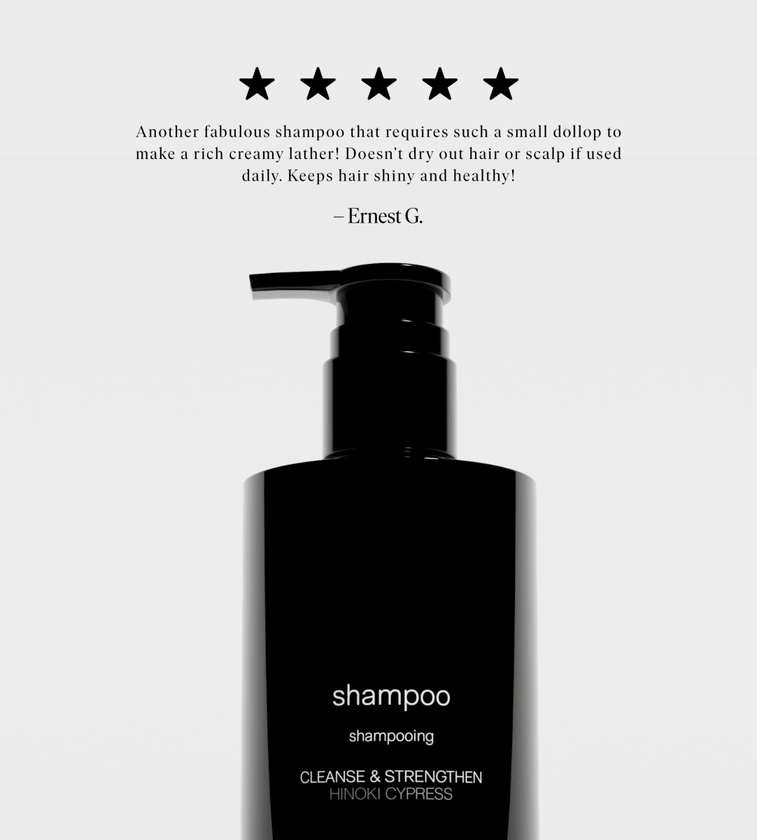 Five-star customer review of Jack Henry Creamy Shampoo above the pump bottle