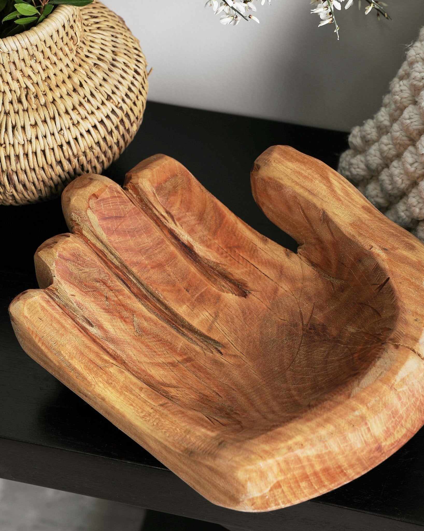 Cupped Hand Natural Eucalyptus Wood Bowl Sculpture Kanju Interiors
