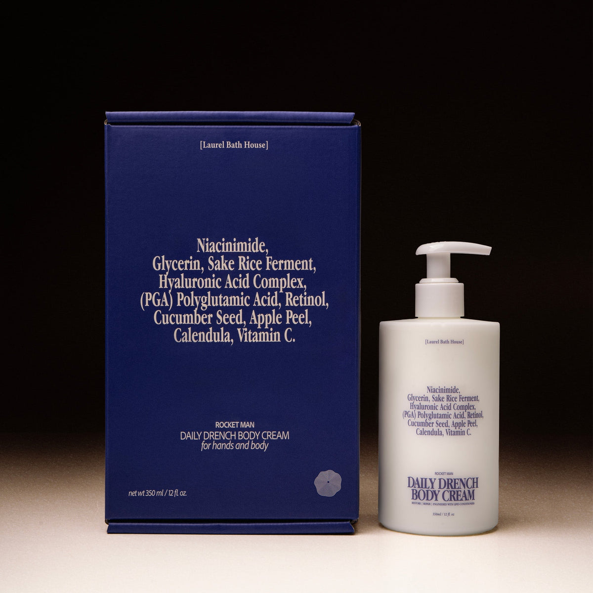Laurel Bath House Rocket Man Daily Drench Body Cream pump bottle beside its blue box