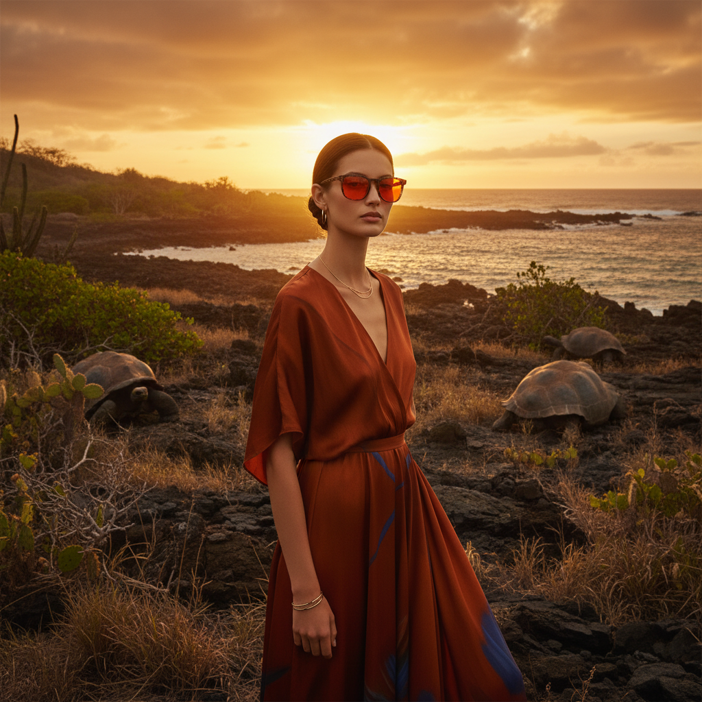 Woman in a rust dress at sunset by the ocean wearing DreamWalkerz Dreamwave Tortoise Shell orange-lens glasses