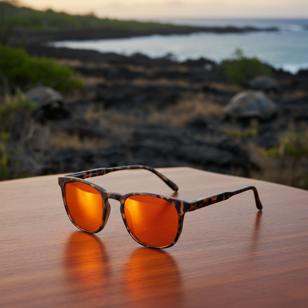DreamWalkerz Dreamwave Tortoise Shell orange-lens glasses on a table with a rocky shoreline behind