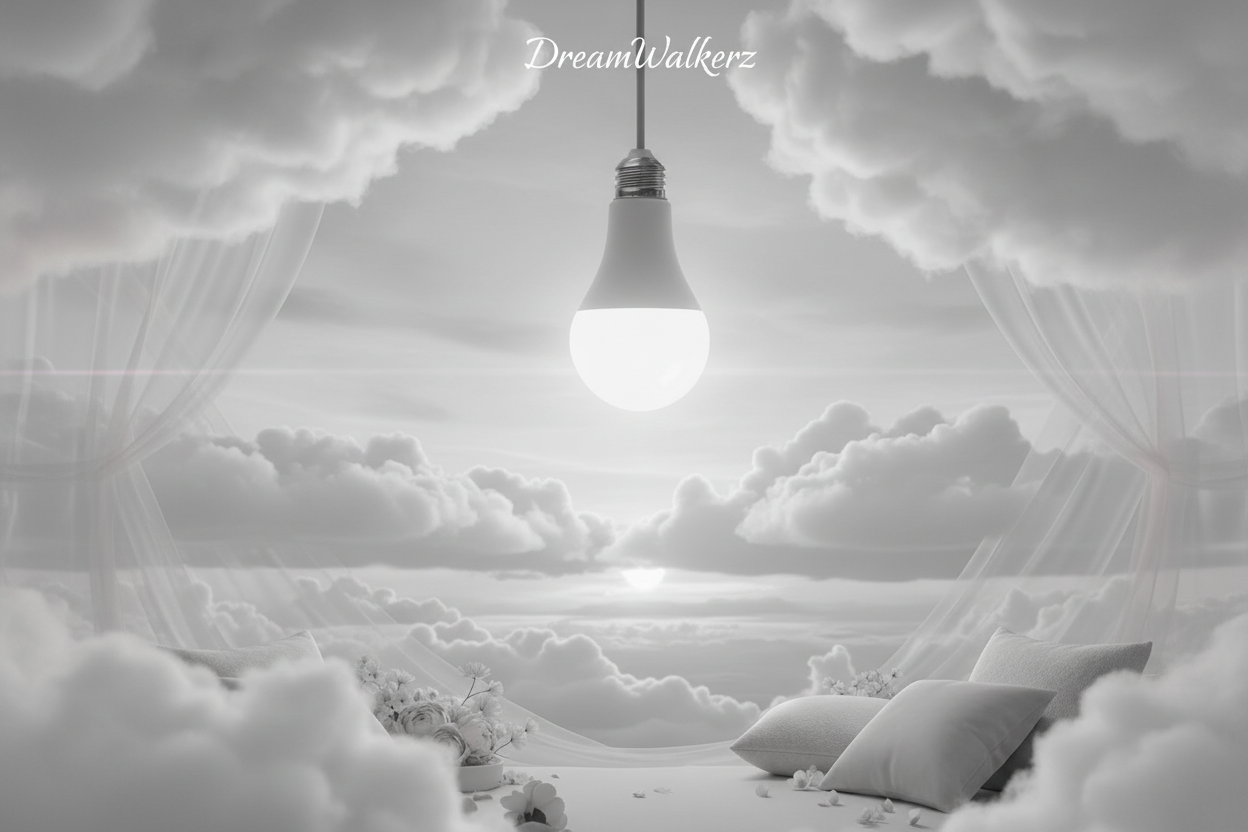 Dreamwalkerz circadian light bulb hanging above a snowy landscape with clouds and a sunset on nanaka.co
