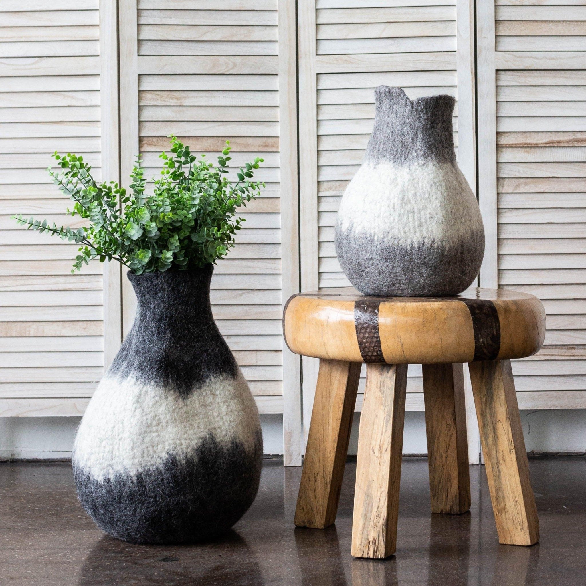 Eclipse Charcoal and Ivory Wool Gourd Basket Kanju Interiors