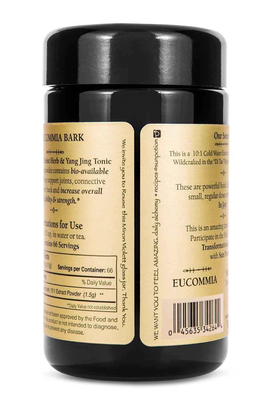 Back of the Sun Potion Eucommia jar with two label panels for usage and supplement facts