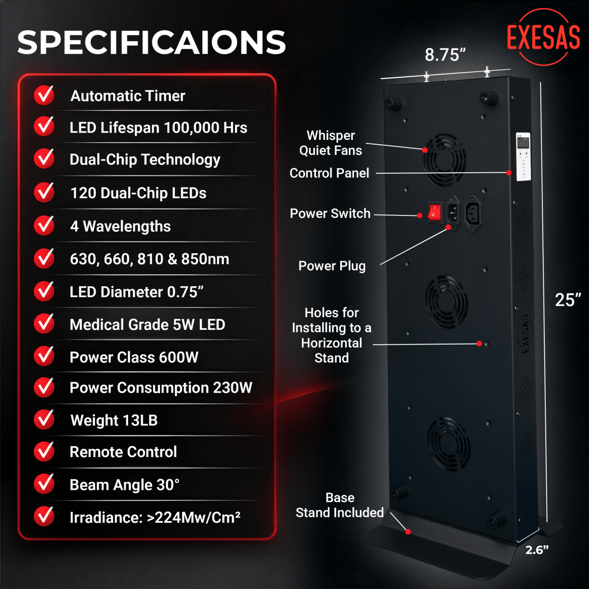 EXESAS 120 LED, 600W Dual-Chip, Red Light Therapy Device for Full Body, 4-Wavelengths Infrared LED Panel for Skin, Weight, Pain, Wellness EXESAS