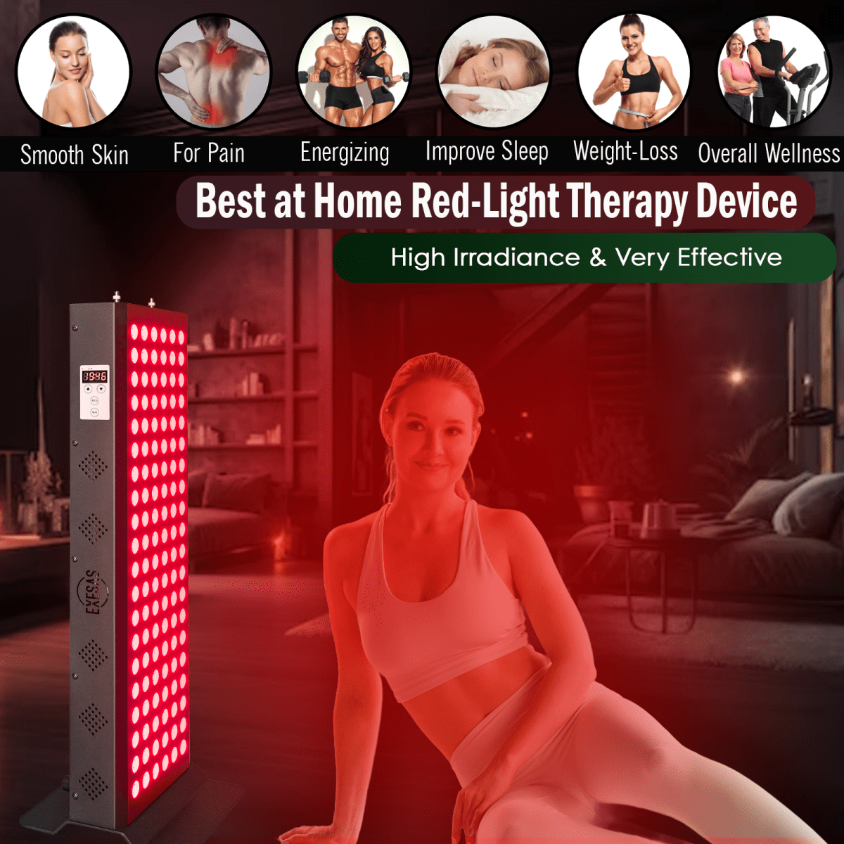 EXESAS 120 LED, 600W Dual-Chip, Red Light Therapy Device for Full Body, 4-Wavelengths Infrared LED Panel for Skin, Weight, Pain, Wellness EXESAS