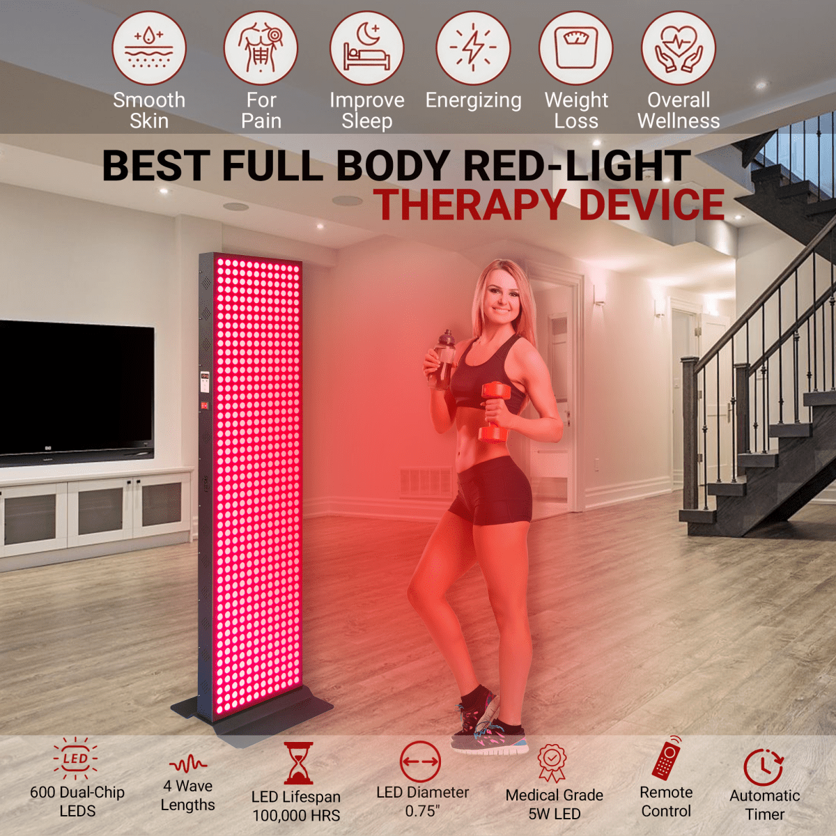 EXESAS 600 LED, 3000W Dual-Chip, Red Light Therapy Device for Full Body, 4-Wavelengths Infrared LED Panel for Skin, Weight, Pain, Wellness EXESAS