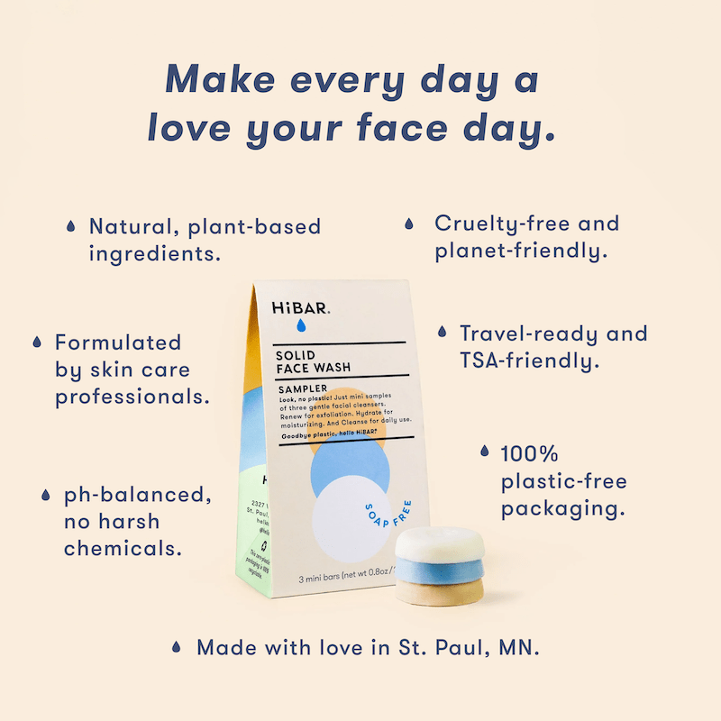 HiBAR Face Wash Sampler infographic: natural, plant-based, cruelty-free, pH-balanced, travel-ready and plastic-free