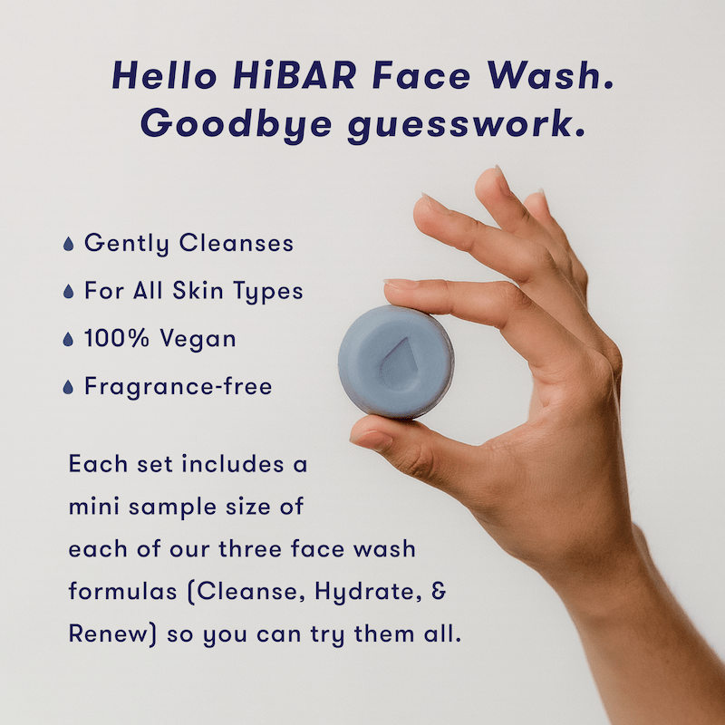 HiBAR Face Wash Sampler: hand holding a blue mini bar, gently cleanses, for all skin types, vegan and fragrance-free