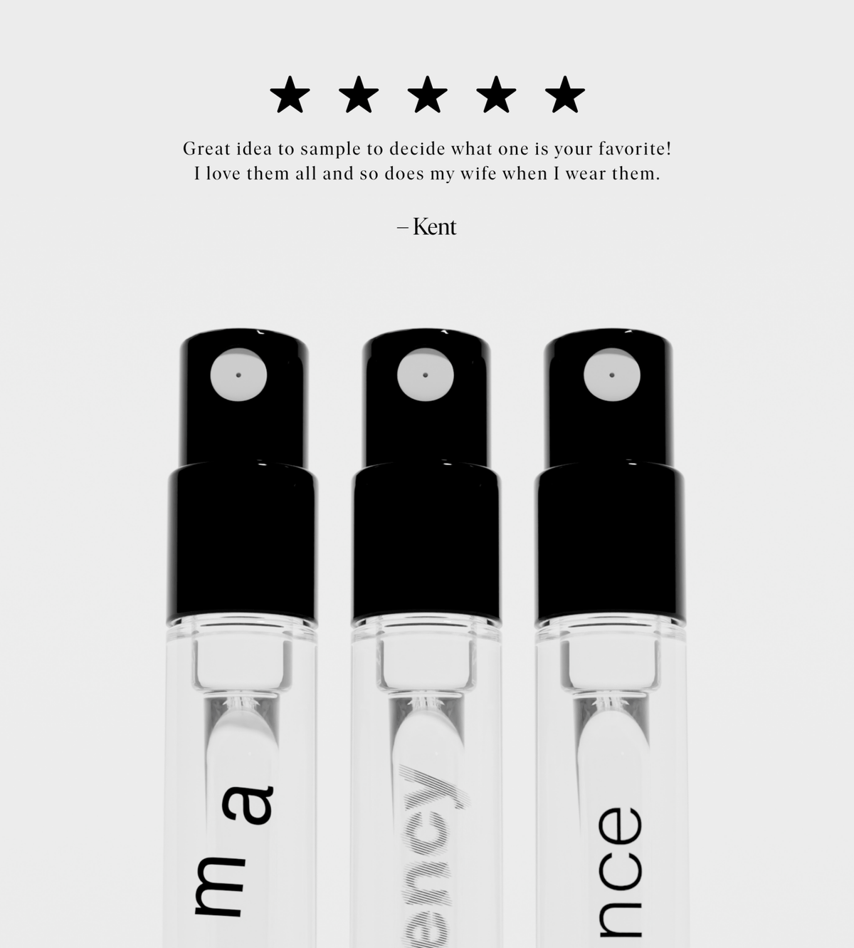 Five-star customer review of the Jack Henry Fragrance Discovery Set above the three sample sprays