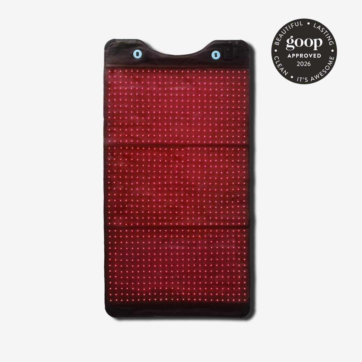 HigherDOSE Full Body Red Light Mat in black covered in rows of red LEDs, with a goop approved badge