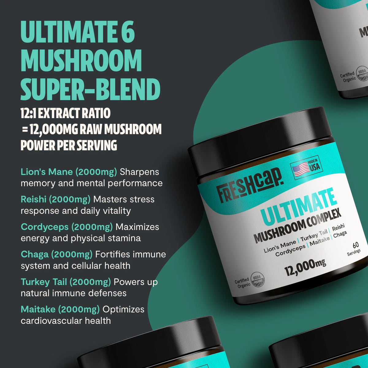 FreshCap Mushrooms Ultimate Complex Powder 6-mushroom blend: Lion's Mane, Reishi, Cordyceps, Chaga, Turkey Tail, Maitake