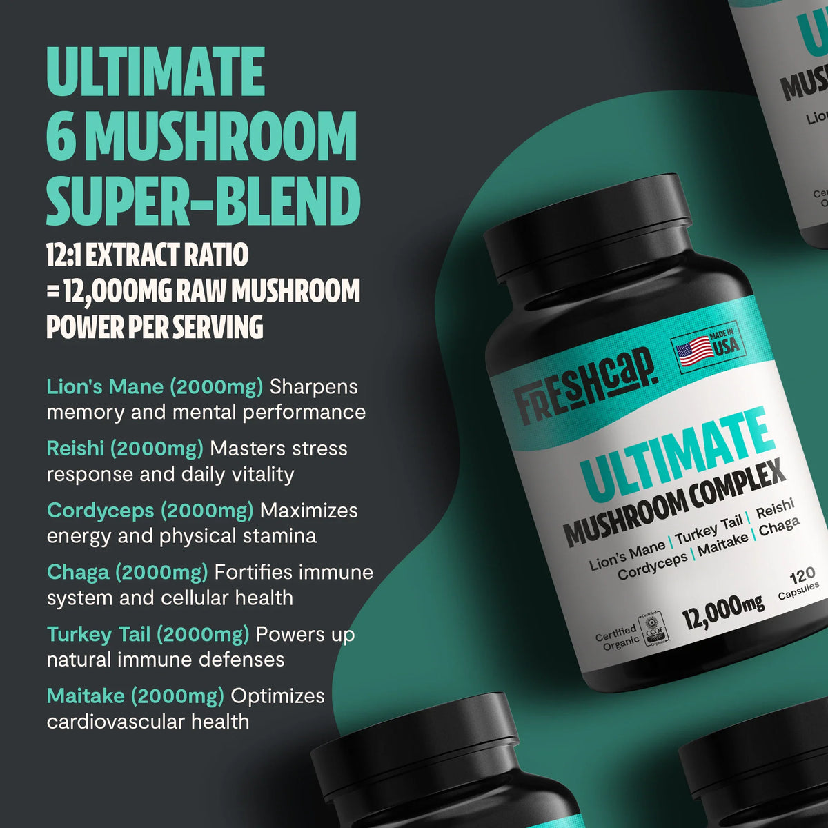 FreshCap Mushrooms Complex Capsules 6-mushroom blend: Lion's Mane, Reishi, Cordyceps, Chaga, Turkey Tail, Maitake, 2nd view