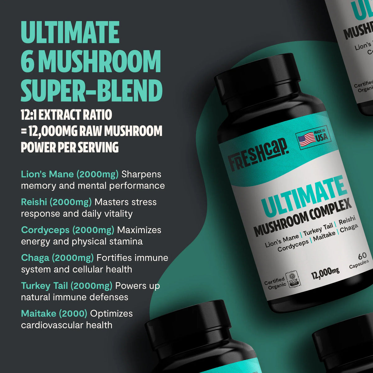FreshCap Mushrooms Complex Capsules 6-mushroom blend: Lion's Mane, Reishi, Cordyceps, Chaga, Turkey Tail, Maitake, 3rd view