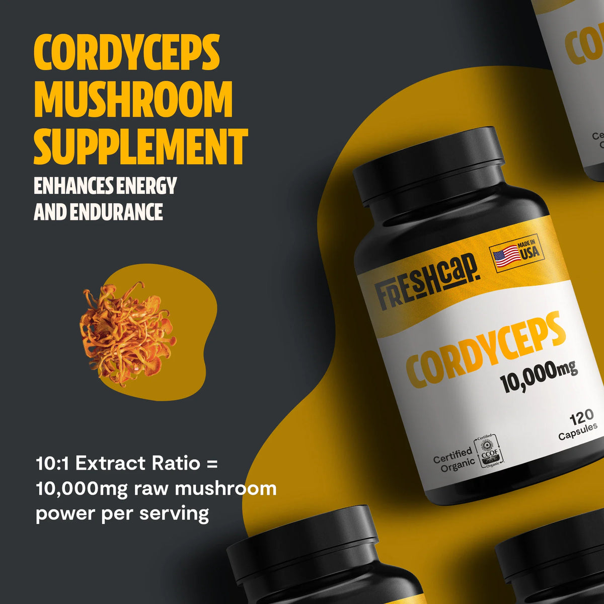 FreshCap Mushrooms Cordyceps Capsules: enhances energy and endurance, 10:1 extract ratio equals 10,000mg raw mushroom