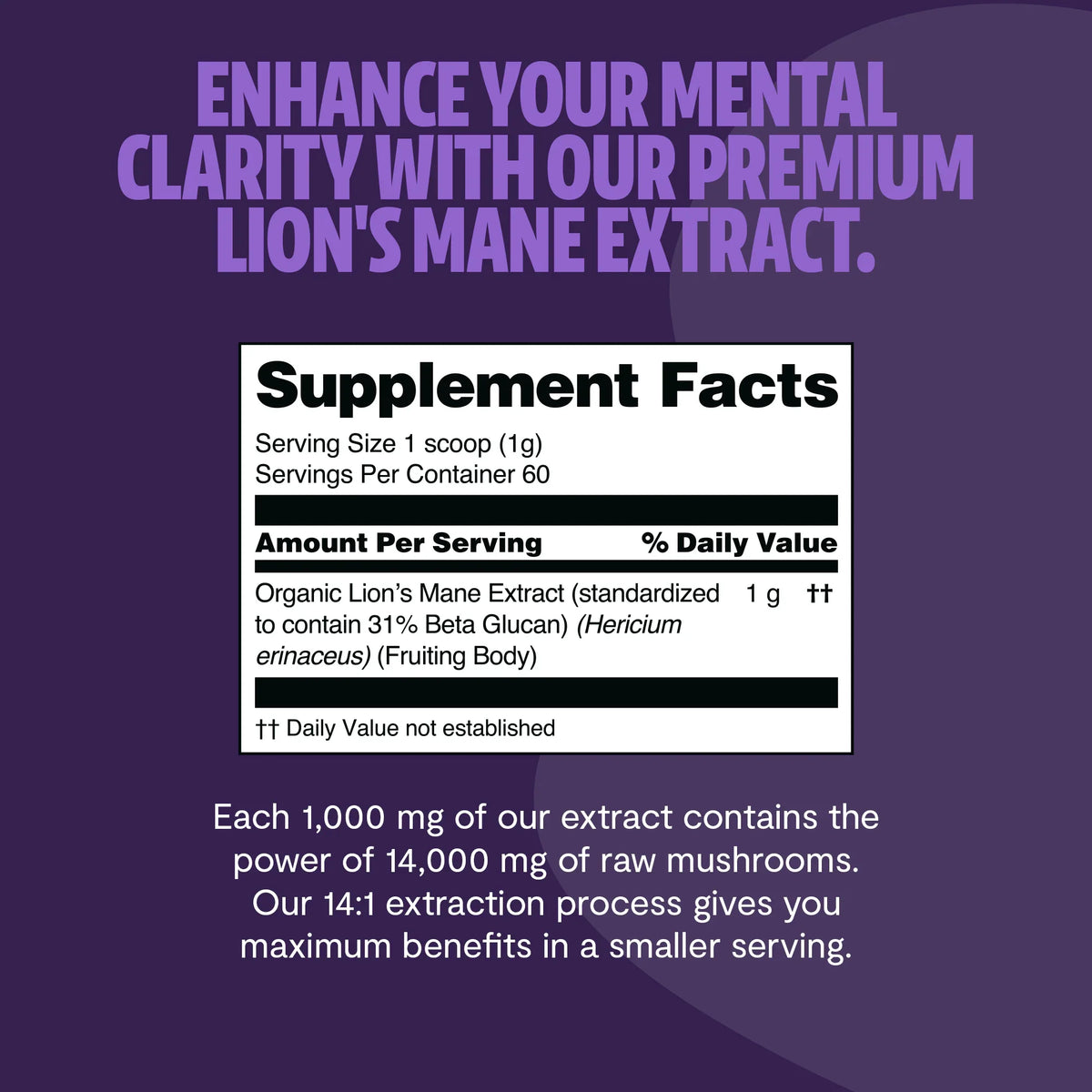 FreshCap Mushrooms Lion's Mane Powder supplement facts: 1 scoop, 1,000mg extract equals 14,000mg raw mushrooms, 2nd view