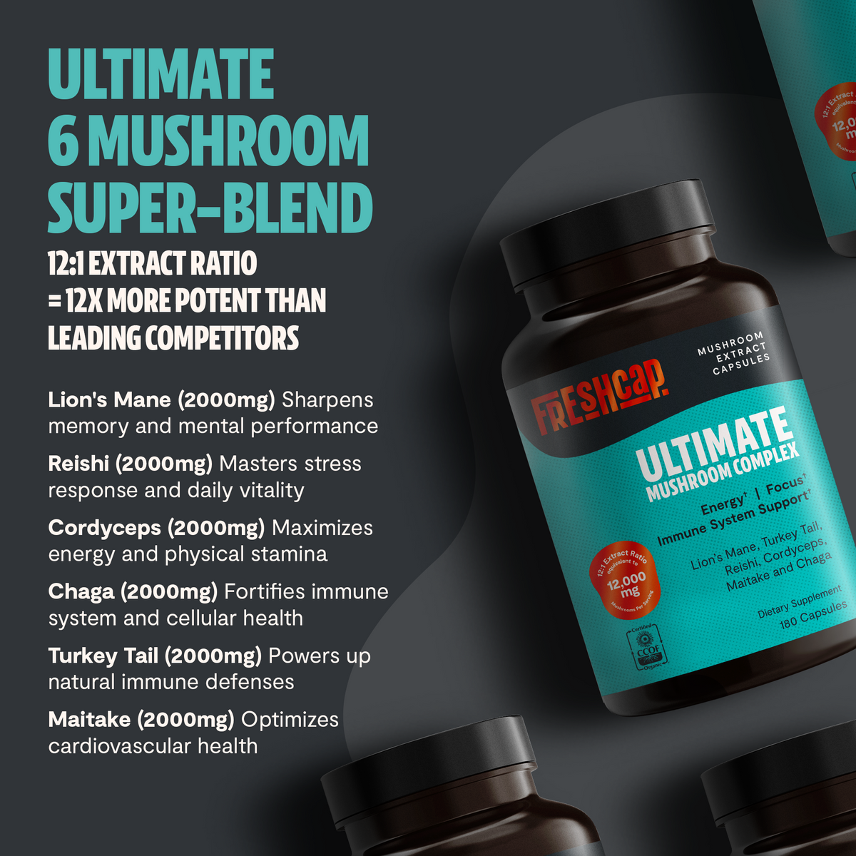 FreshCap Mushrooms Complex Capsules 6-mushroom blend: Lion's Mane, Reishi, Cordyceps, Chaga, Turkey Tail, Maitake, 5th view