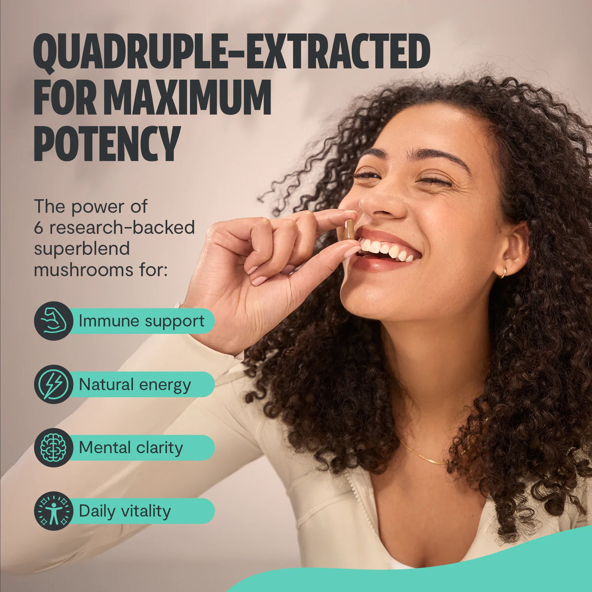 Smiling woman: FreshCap Mushrooms Mushroom Complex Capsules quadruple-extracted for immunity and energy, 2nd view