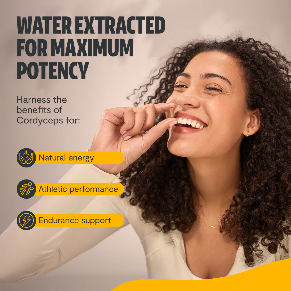 Smiling woman: FreshCap Mushrooms Cordyceps Capsules water-extracted for energy and endurance