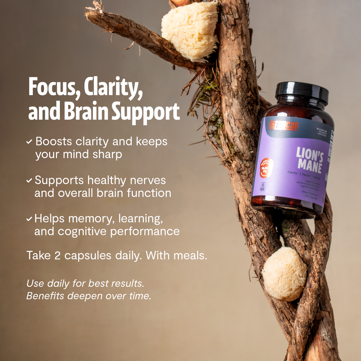 FreshCap Mushrooms Lion's Mane Capsules for focus, clarity and brain support: take 2 capsules daily with meals, 2nd view