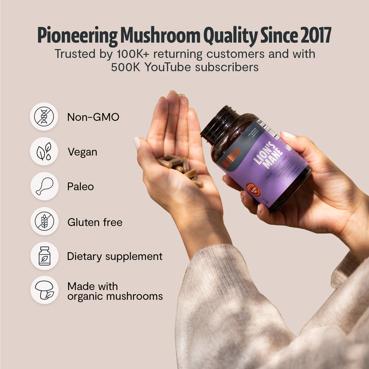 FreshCap Mushrooms Lion's Mane Capsules: pioneering mushroom quality since 2017, non-GMO, vegan, paleo, gluten free