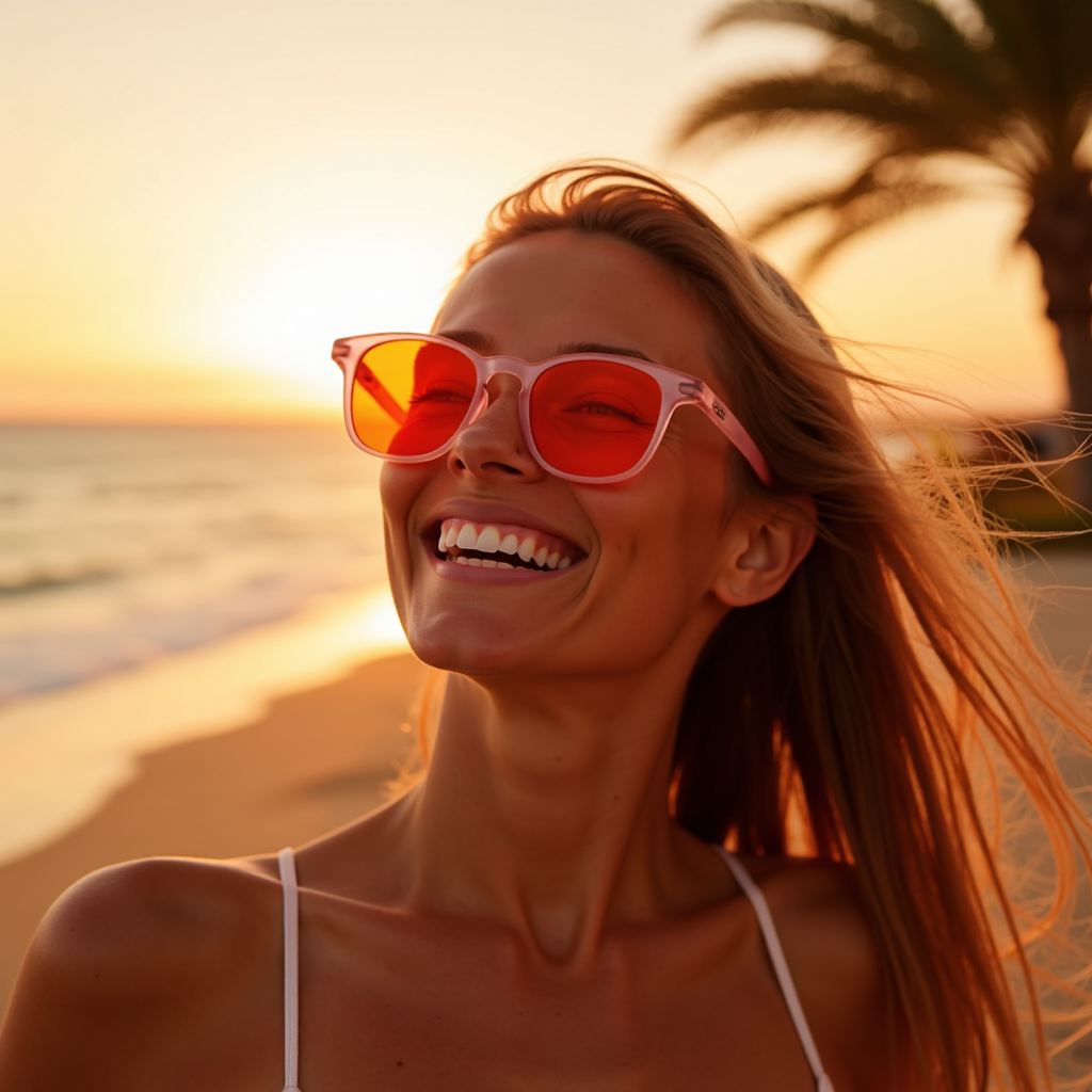 Smiling woman on a beach at sunset wearing DreamWalkerz Prettier in Pink orange-lens glasses