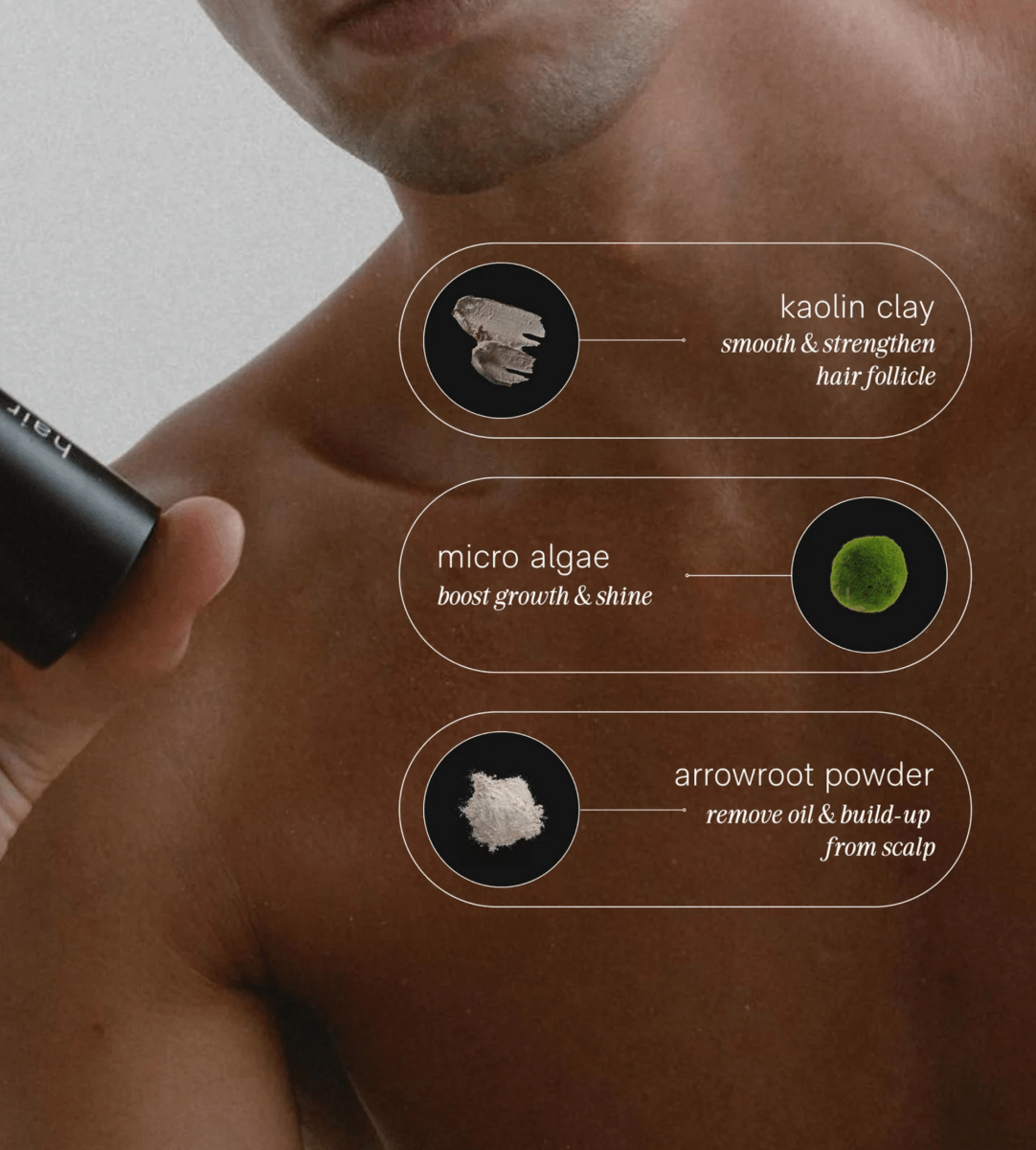 Jack Henry Hair Powder ingredients: kaolin clay, micro algae and arrowroot powder, with a man holding the bottle
