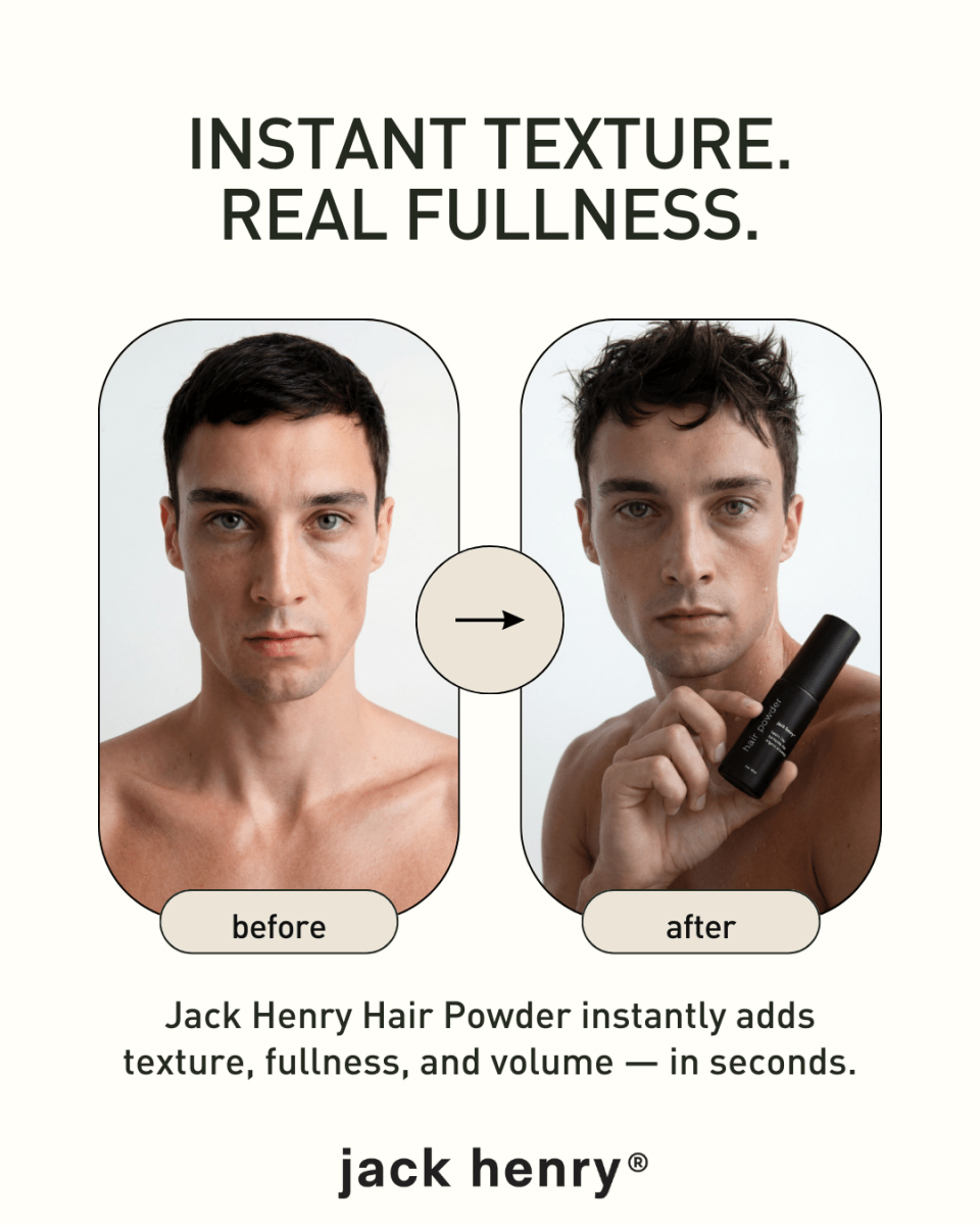Before and after of a man's hair with Jack Henry Hair Powder: instant texture, real fullness