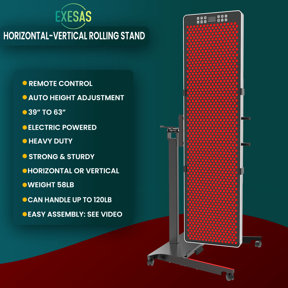 Horizontal/Vertical Powered Automatic Rolling Stand for EXESAS Red Light Therapy Panels, Auto Height Adjustment, (Panel Sold Separately) EXESAS
