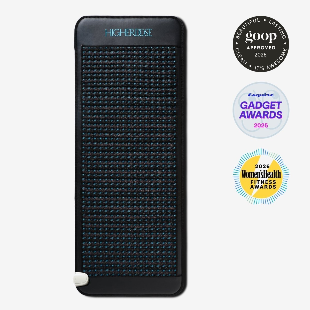 HigherDOSE Infrared PEMF Pro Mat in black with teal stitching with goop, Esquire and Women's Health badges