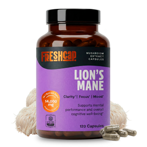 FreshCap Mushrooms Lion's Mane Capsules bottle: clarity, focus and mood, 14,000mg, 120 capsules, with mushrooms and capsules