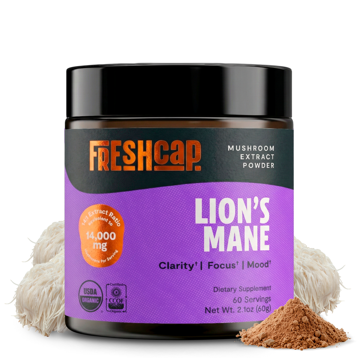 FreshCap Mushrooms Lion's Mane Powder jar, 14,000mg, USDA organic, 2.1 oz, 60 servings, with powder and mushrooms