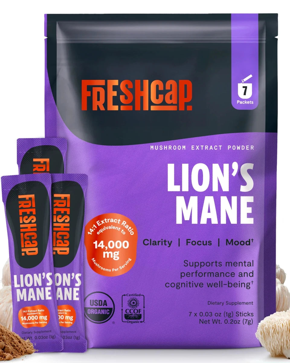 FreshCap Mushrooms Lion's Mane Powder pouch with 7 stick packs, 14,000mg, on white