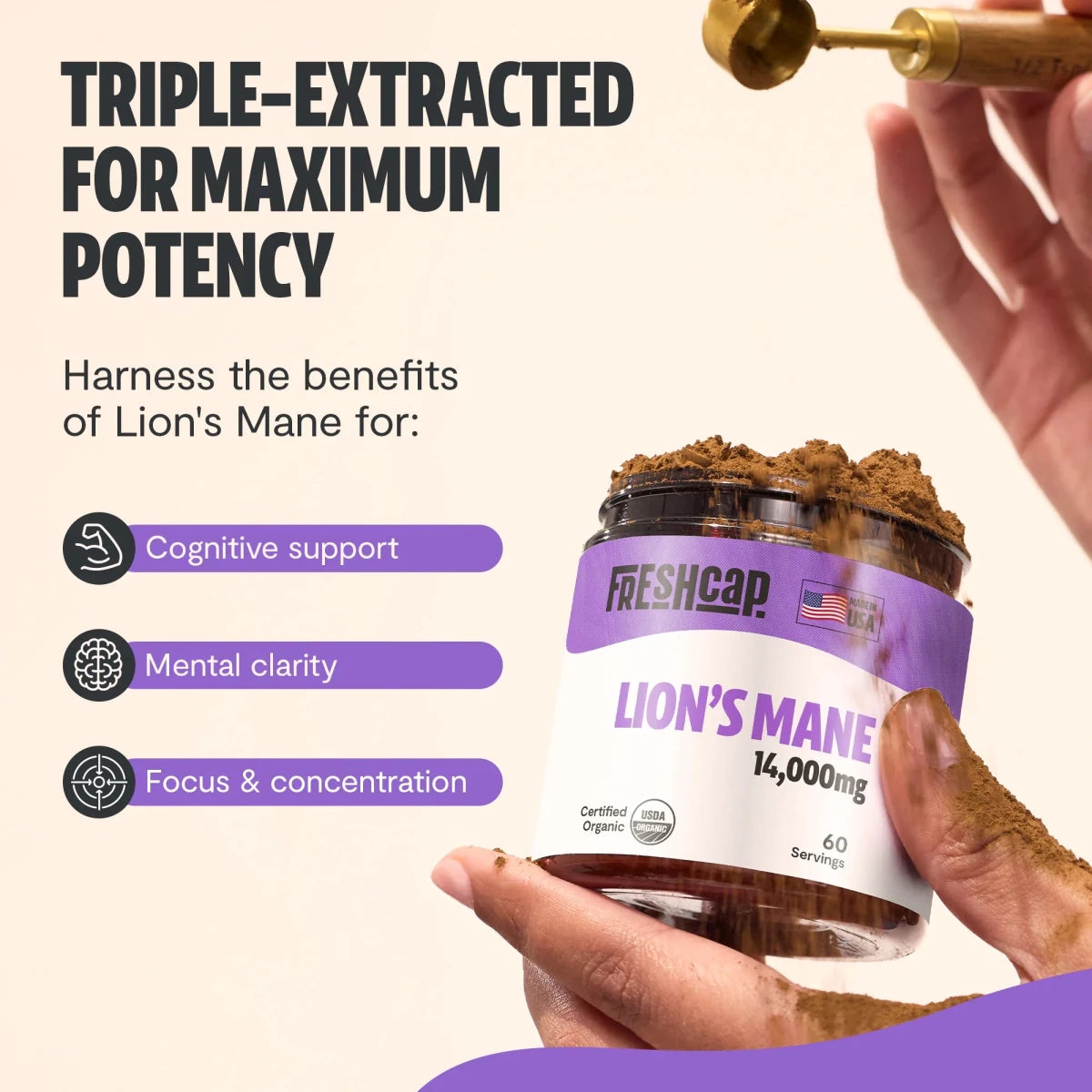 Hand holding a FreshCap Mushrooms Lion's Mane Powder jar: triple-extracted for clarity, focus and concentration