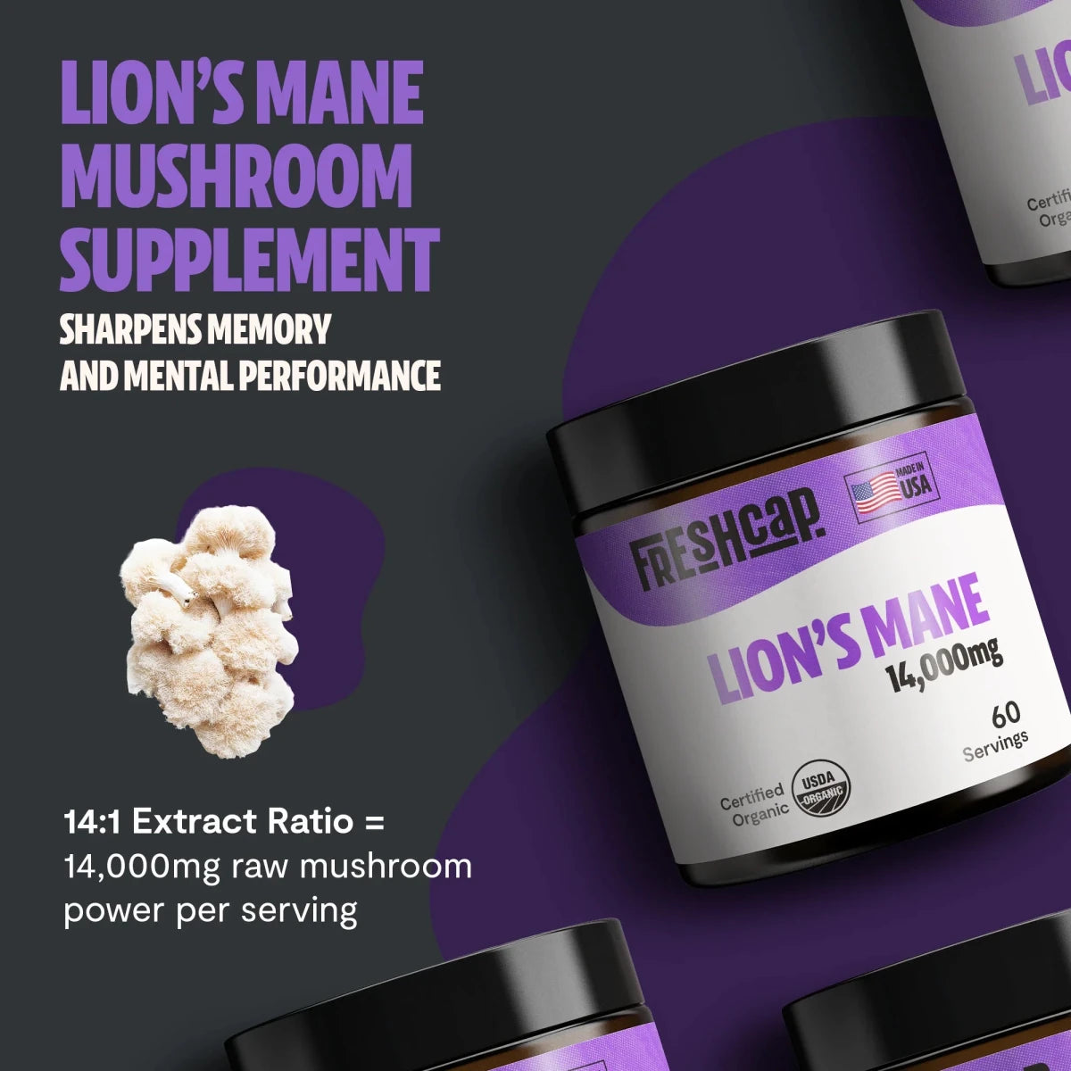 FreshCap Mushrooms Lion's Mane Powder: 14:1 extract ratio equals 14,000mg raw mushroom power per serving