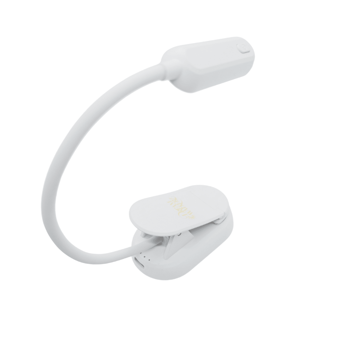 DreamWalkerz Lumina blue light-free clip-on reading lamp switched off, white flexible neck and clip, top view