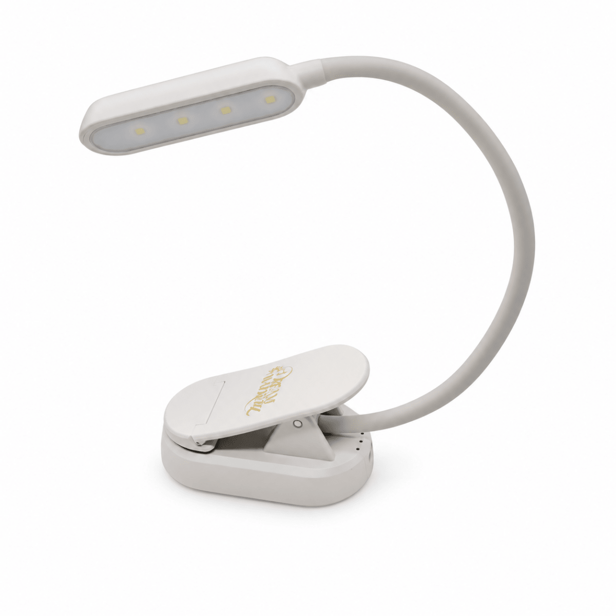 DreamWalkerz Lumina blue light-free clip-on reading lamp switched off, front view of the light head and flexible neck