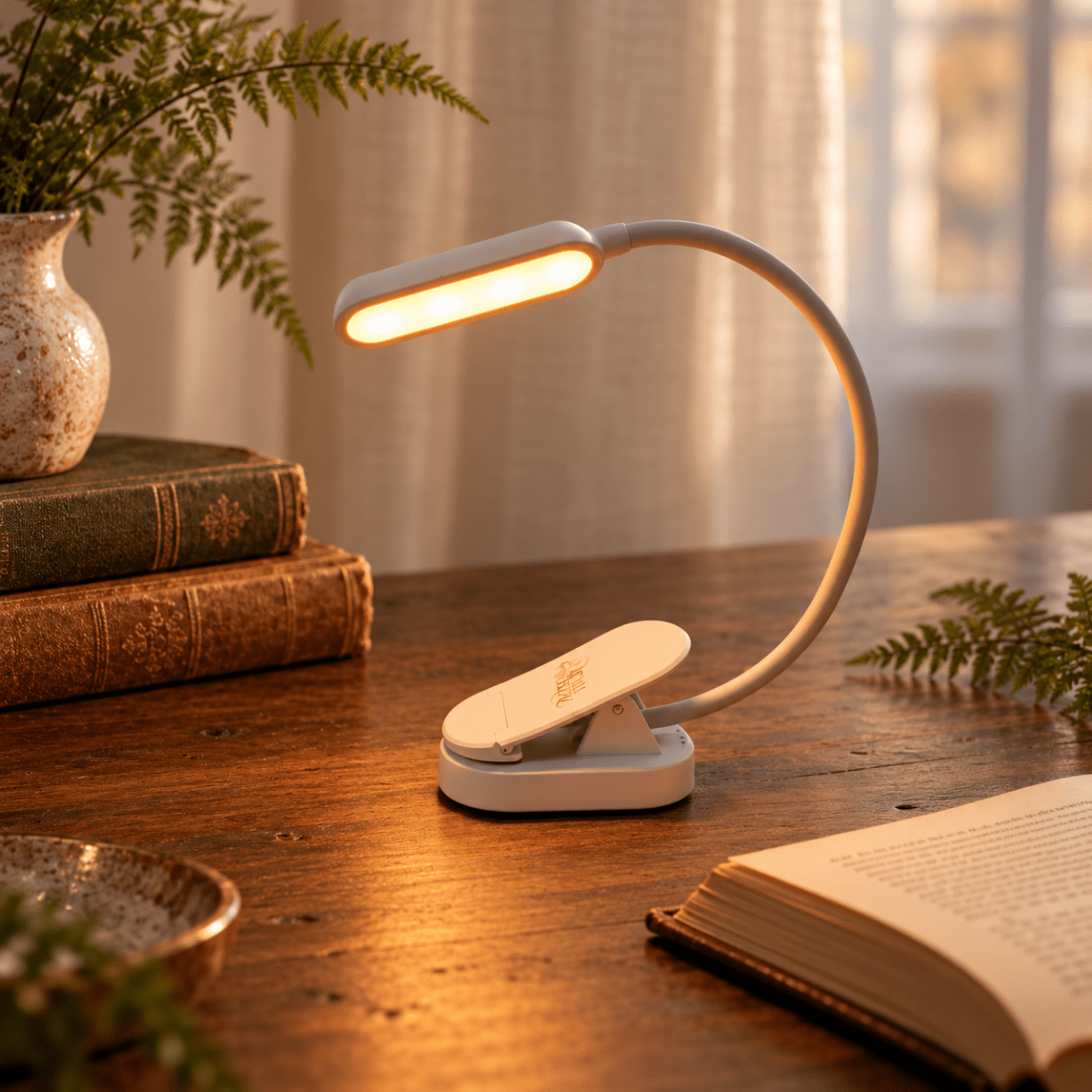 DreamWalkerz Lumina blue light-free clip-on reading lamp glowing amber on a wooden desk beside books and an open book