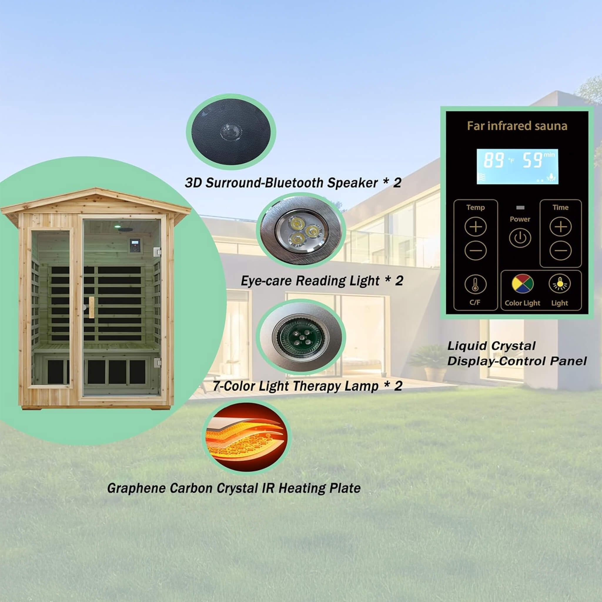 Luxury 2 - Person Outdoor Low EMF Hemlock Infrared Sauna With Bluetooth And Chromotherapy Light (SAK97318) SAKSBY WHOLESALE
