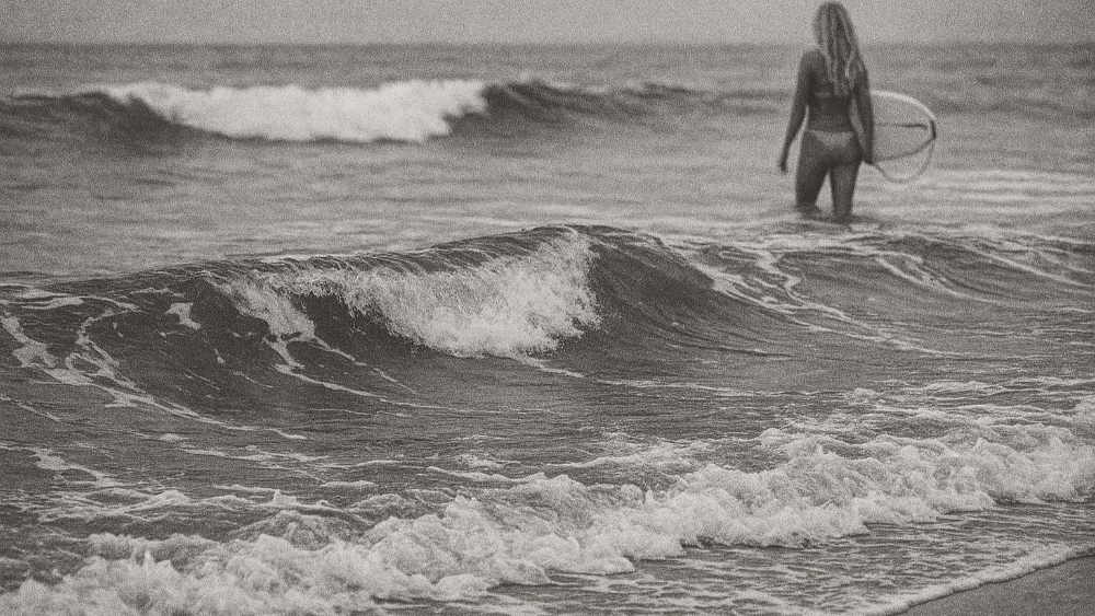 Person holding a surfboard standing in the ocean with waves Pirette for Nanaka.co