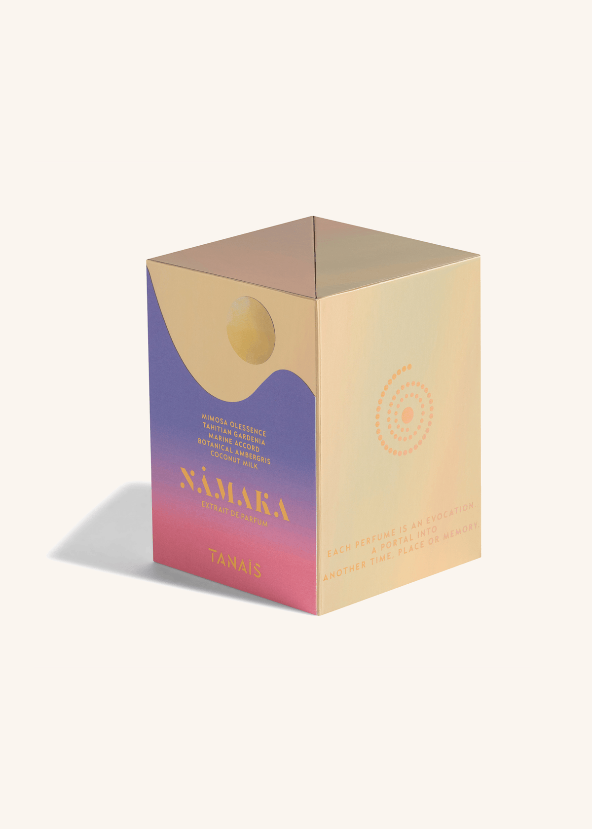 TANAÏS Nāmaka Extrait de Parfum gift box in a blue-to-pink gradient with a gold lid