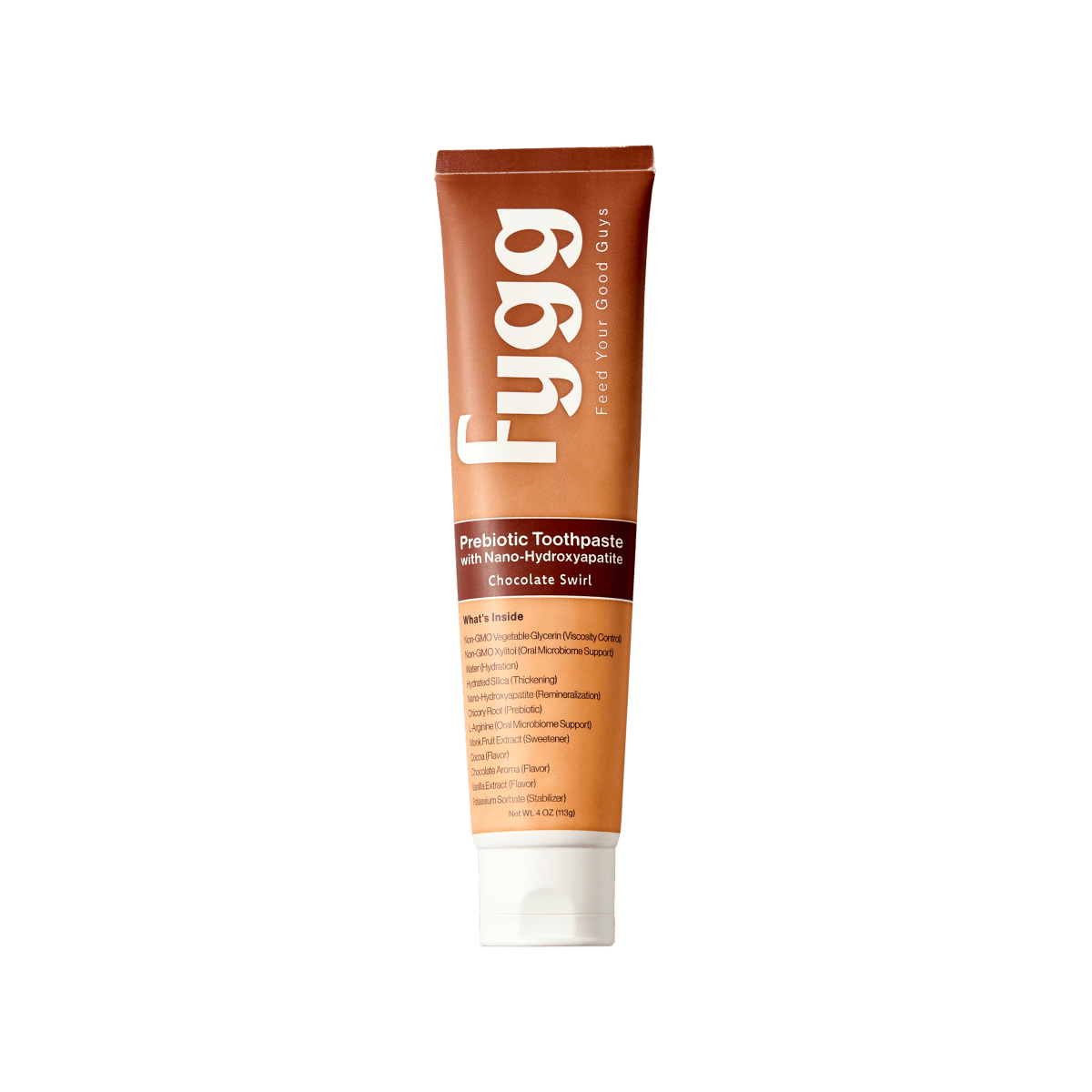 A squeeze tube of Fygg Probiotic Toothpaste in Chocolate Bean flavor, featuring a brown and orange design with a white cap, centered on a plain white background.