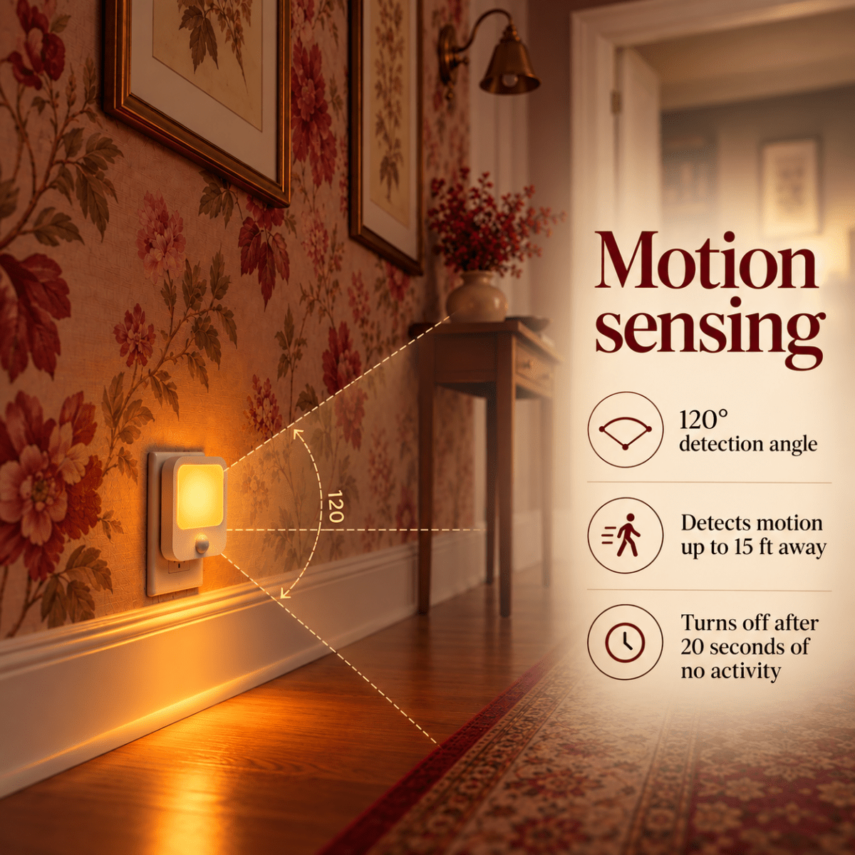 DreamWalkerz amber nightlight in a hallway: 120 degree motion sensing up to 15 ft, off after 20 seconds