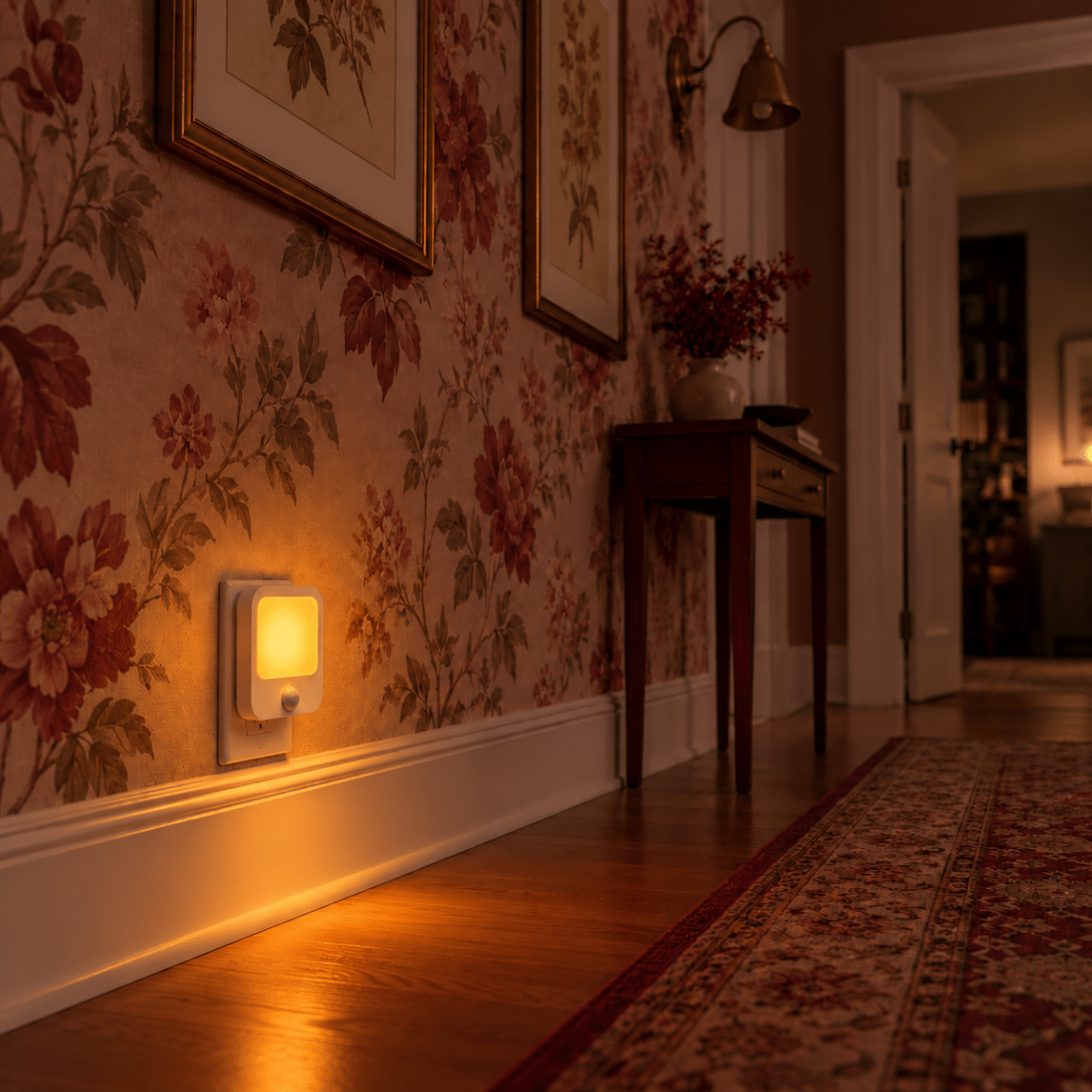 DreamWalkerz amber nightlight glowing in a hallway with floral wallpaper