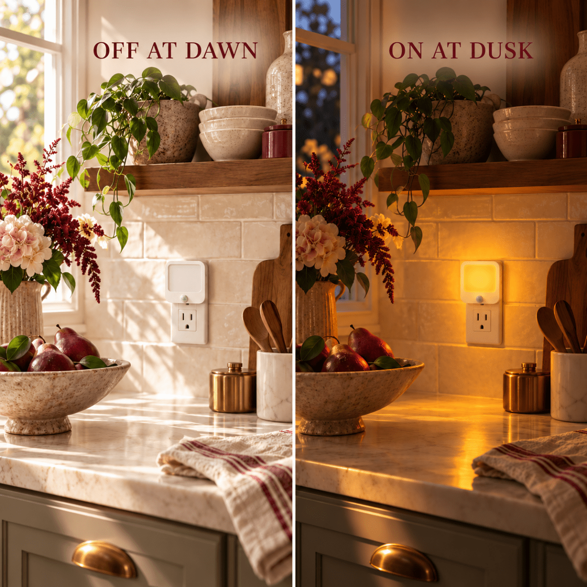 DreamWalkerz amber nightlight in a kitchen, off at dawn and on at dusk