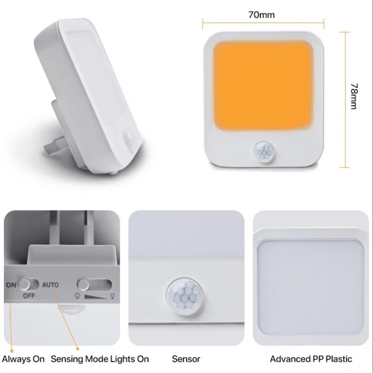 DreamWalkerz amber nightlight dimensions 70mm by 78mm with features: always on, sensing mode and advanced PP plastic