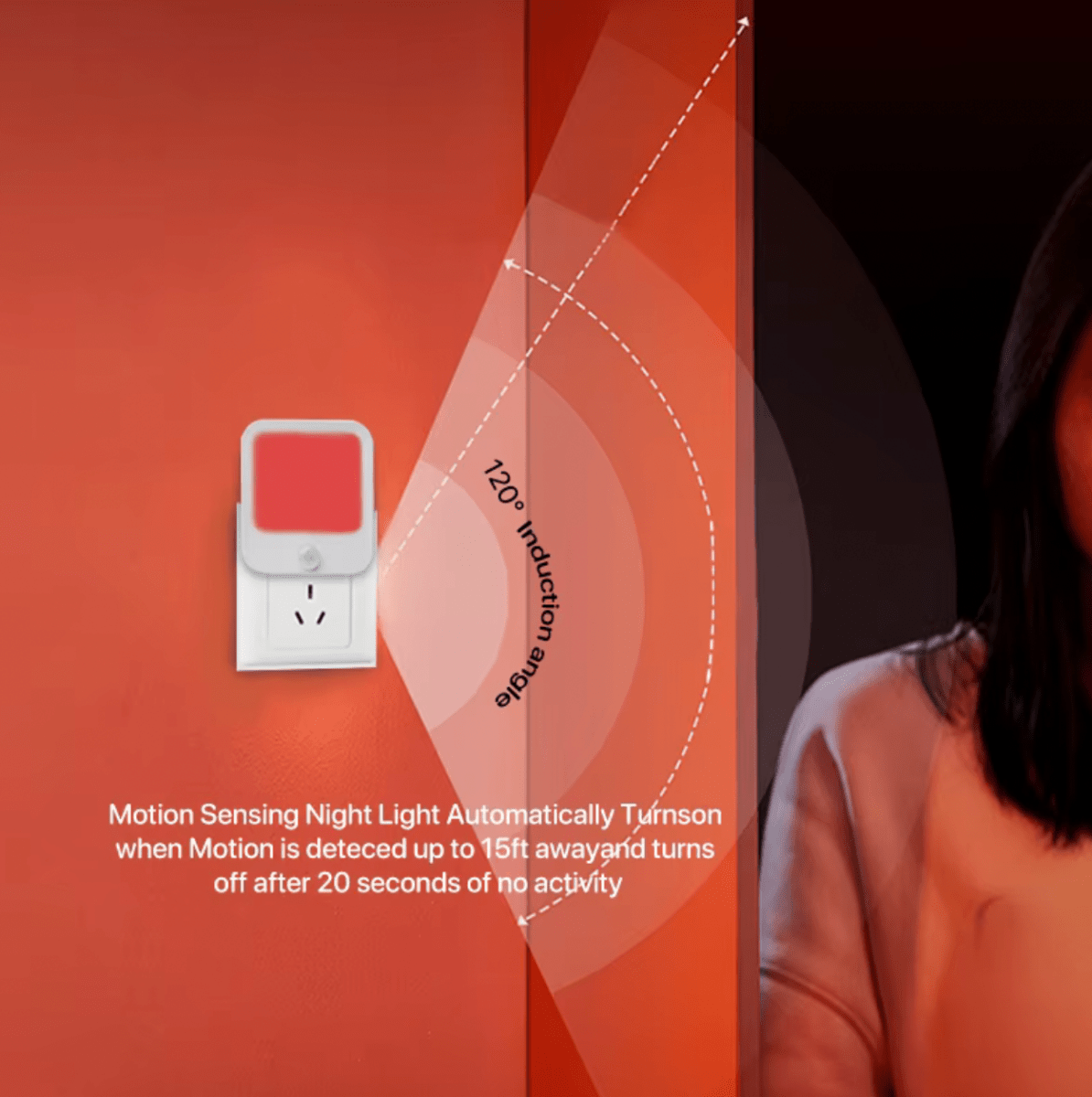 DreamWalkerz red nightlight with a 120 degree induction angle that turns on when motion is detected up to 15 ft